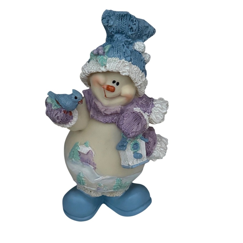 Winter Snowman Figurine with Blue Bird & Birdhouse Christmas Decor 8 Inch